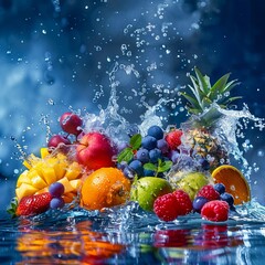 Fruit splashing in water with a blue background.