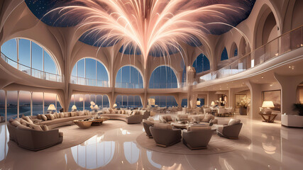 A highly realistic architectural digest ignorant beautiful undulating glowing interior huge tall space for experience sales center Vision in Palm Jebel Ali, extreme detail, long exposure photography, 