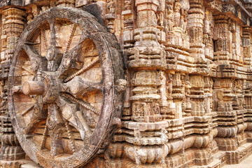 Big stone wheel of the Sun temple in Konark, Odisha, India, Asia