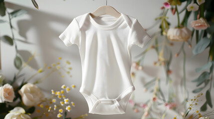 blank white baby bodysuit mockup hanging from a rack