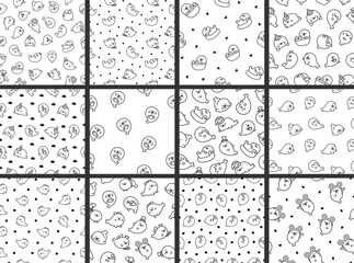 Cute kawaii baby seals. Seamless pattern. Coloring Page. Funny cartoon characters arctic and antarctic animals. Hand drawn style. Vector drawing. Collection of design ornaments.