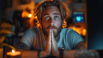 A man looks thoughtfully at the screen with his hands folded