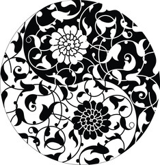 Circular abstract floral pattern. Mandala. Round vector ornament with intertwined branches, flowers, and curls. Arabesque. © Gurunath