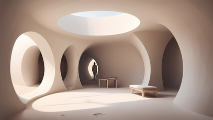 a vertical internal circular cylindre corridor with minimalist space, an ogive circular roof ,white sand --no wall