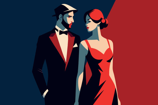 A man in a tuxedo and a woman in a red gown at a gala