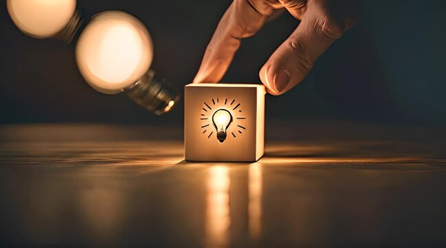 Eine Person platziert einen Block mit einer Gl&uuml;hbirne