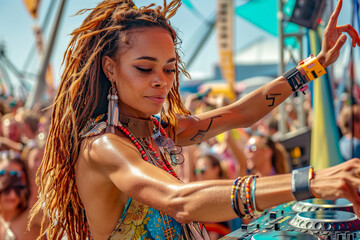 A woman with dreadlocks is playing music at a festival