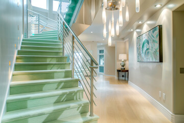Contemporary home entrance with mint green carpeted stairs accented by a chrome banister and a...