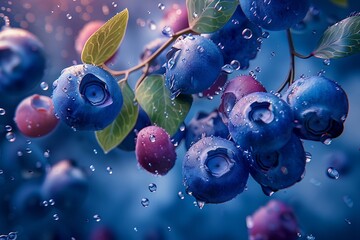 Blueberries with water droplets on them. - obrazy, fototapety, plakaty