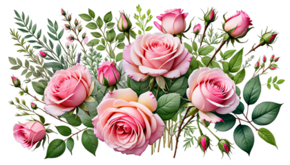 bouquet roses illustration buds drawing pink composition rbs garden watercolor botanical rose vignetting classic tree branch flower botany grass vintage isolated wild leaf summer sweet decoration