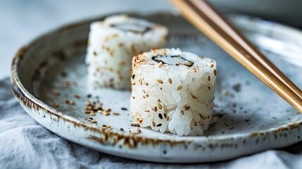 A plate with sushi rolls and chopsticks. - obrazy, fototapety, plakaty