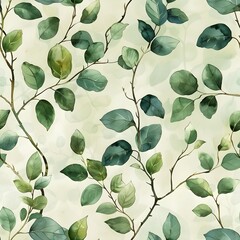 Elegant Watercolor Seamless Patterns of Leaves and Vines in Soft Shades of Green - obrazy, fototapety, plakaty