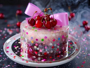 A cake with cherries and confetti on top. - obrazy, fototapety, plakaty