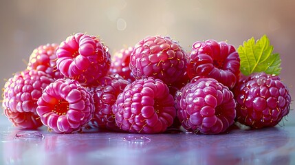 A bunch of raspberries on a table. - obrazy, fototapety, plakaty