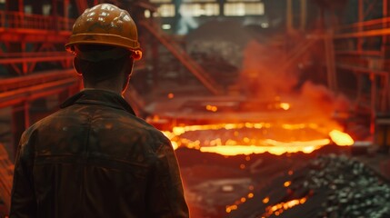 Steel mill worker looking at molten metal