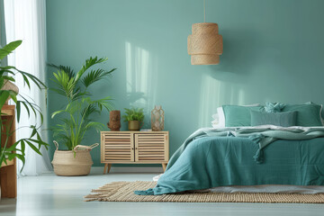 A bedroom with light blue walls, white floor and wooden furniture, green plants on the side of the bed, geometric decoration in the style of modern art, green pillows and blanket