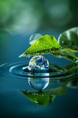 Earth water droplet with leaf. - obrazy, fototapety, plakaty