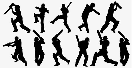 Cricket silhouette set. Collection of cricket player on isolated on isolated white background. 