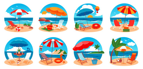 Travel and vacation concept. Set of beach umbrella and chair set