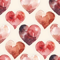 Cheerful Watercolor Hearts A Seamless Pattern of Tender Affection in Soft Pink and Red Shades - obrazy, fototapety, plakaty