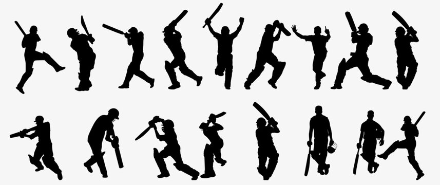 Cricket silhouette set. Collection of cricket player on isolated on isolated white background. 