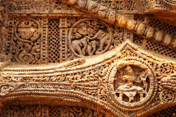 Big stone wheel of the Sun temple in Konark, Odisha, India, Asia
