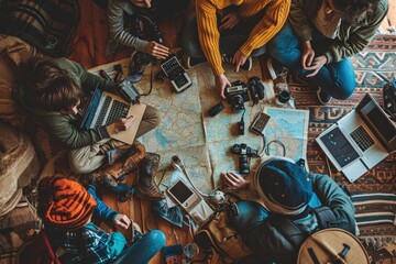 The picture of the group of the young or adult caucasian human focus and looking at a map of the world in a small room that has been filled with various object under bright sun in the daytime. AIGX03. - Powered by Adobe