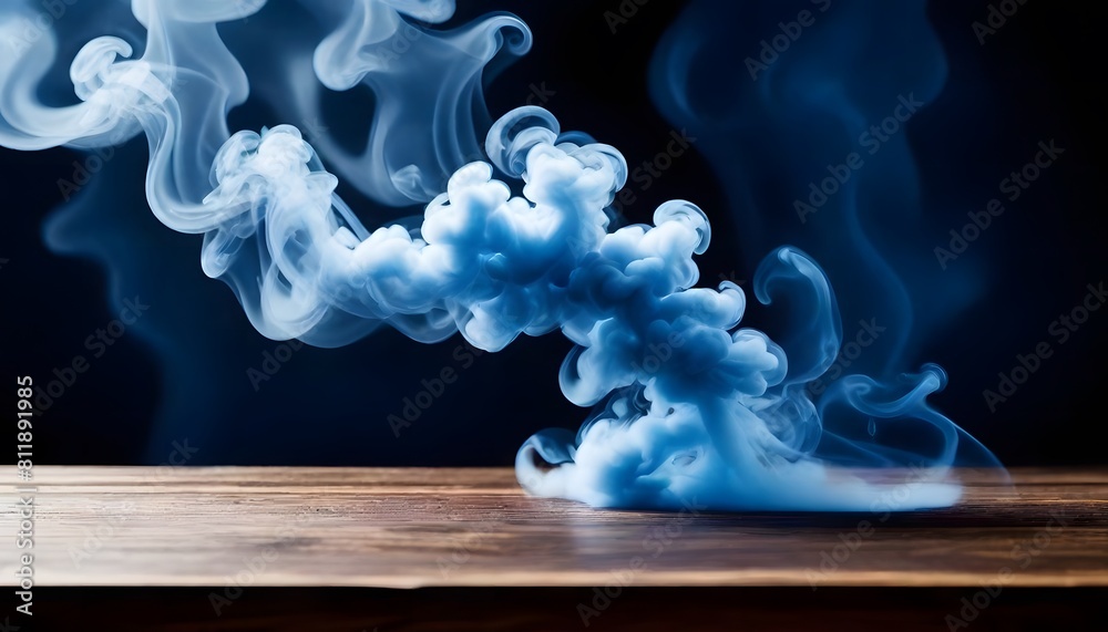 Poster empty wooden table with smoke floating up on a dark background empty space for displaying your produ