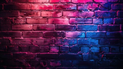 Red and blue neon light on brick wall background. Abstract background,Modern futuristic neon lights on old grunge brick wall room background. Digital illustration.
