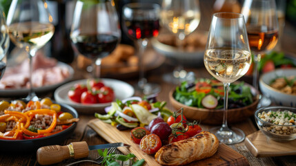 A beautifully arranged Mediterranean dinner table featuring wine, fresh salads, and grilled fish.