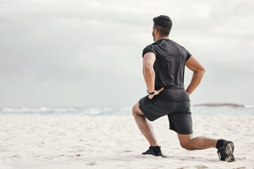 Beach, lunges or man stretching legs with fitness for body flexibility, balance or wellness in...