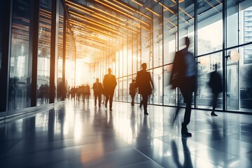 Silhouettes of business people walking in the corridor of a modern office building blurred