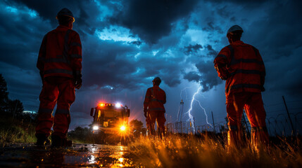 Fototapeta premium Emergency workers at night under a dramatic thunderstorm sky, illuminated by vehicle lights.
