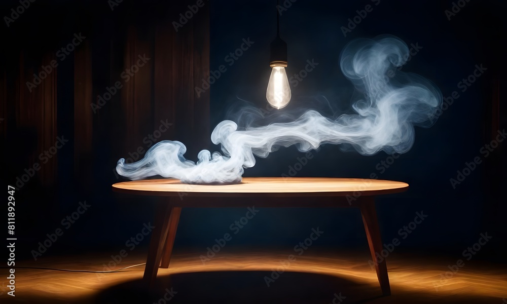 Poster empty wooden table with smoke floating up on a dark background empty space for displaying your produ