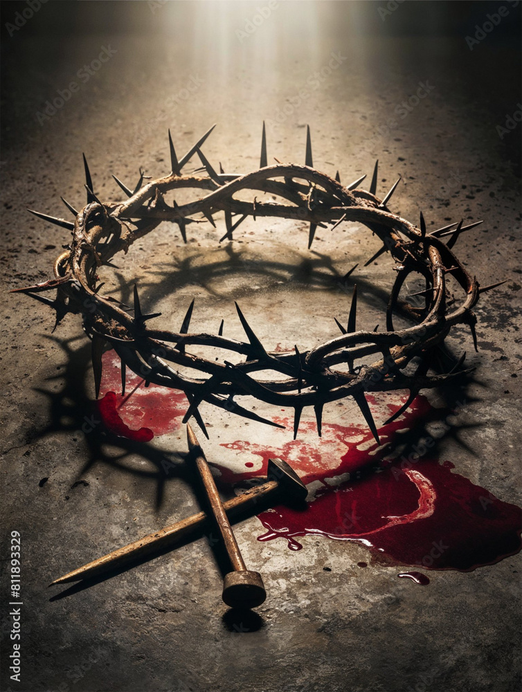 Wall mural Crown of Thorns and Blood: An Iconic Symbol Signifying Christ's Sacrificial Love, Redemption, and Victory Over Sin and Death, Inspiring Faith and Hope in Believers. Crown of Thorns and Blood