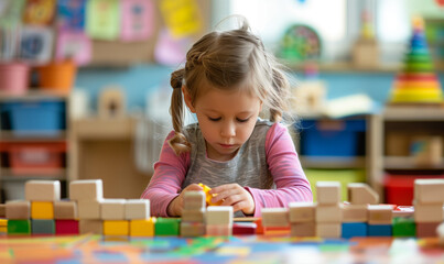 A little girl focuses on playing with wooden blocks in kindergarten, expressing her creativity and developing manual skills.