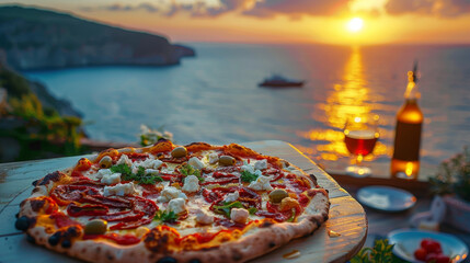 An appetizing pizza placed on a table overlooking the Mediterranean Sea during a scenic sunset, with wine.