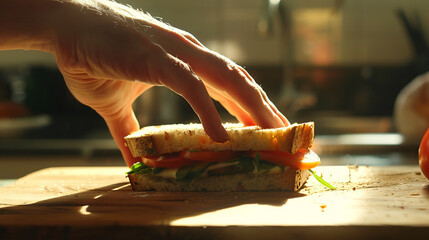 A person's hand reaching for a sandwich on a wooden cutting board.