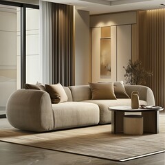 Craft an image that epitomizes modern elegance with a focus on a comfortable sofa in a stylish living room interior, creating a chic and inviting space for residents and guests