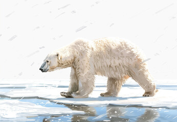 Create an image of a polar bear walking on ice against a white background.