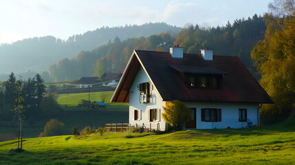 A small house in the middle of a green field. - Powered by Adobe