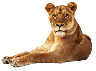 Obraz premium Create an image of a majestic lioness lying down on a white surface
