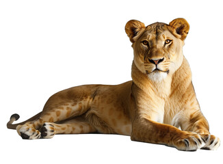 Obraz premium Create an image of a majestic lioness lying down on a white surface