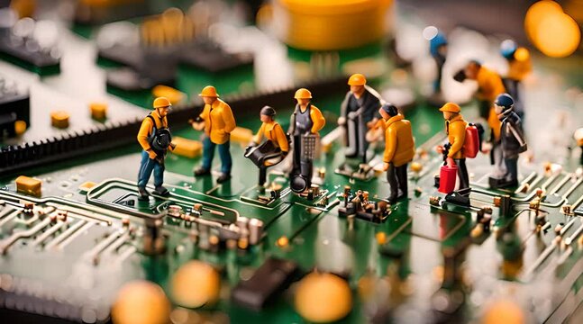 Figuren bei der Arbeit auf einer Platine