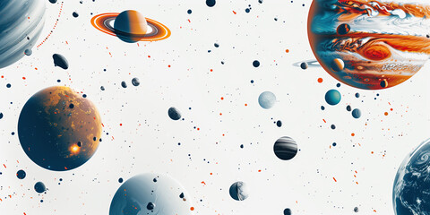 Space Exploration: Create a series of illustrations inspired by space exploration, featuring planets, stars, and cosmic phenomena against a white background.