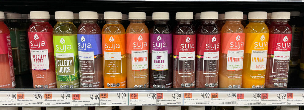 Bottles of Suja organic juice drinks for sale at Whole Foods.