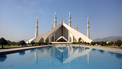 The image shows a large white mosque with six minarets.  - Powered by Adobe