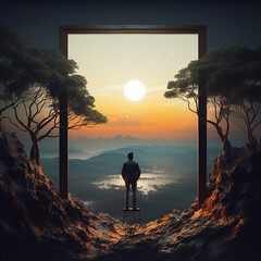 Wondrous image of spaceman travel through stargate with scifi landscape