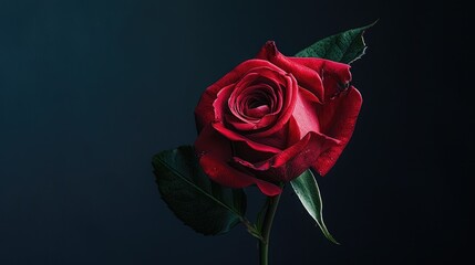 Fototapeta premium A striking red rose pops against a dramatic black backdrop