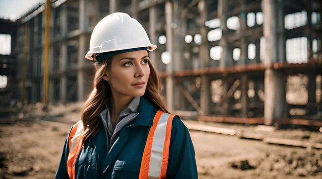 Frau steht in Schutzkleidung auf Baustelle